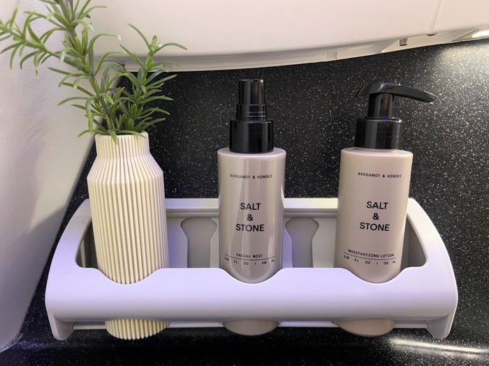 Alaska Airlines business class bathroom Salt & Stone products