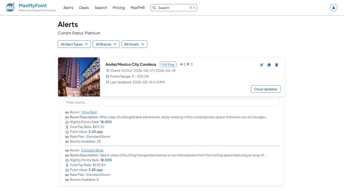 Andaz Condesa cash rates vs points rates