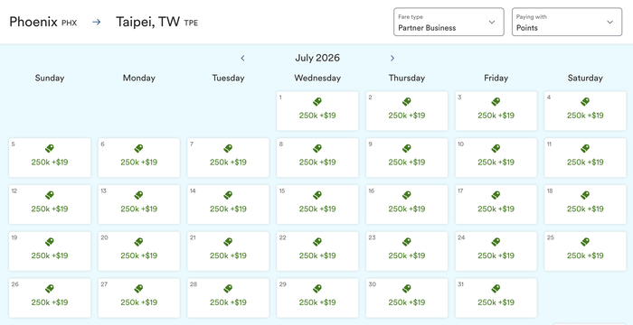 Atmos Rewards calendar PHX TPE pricing