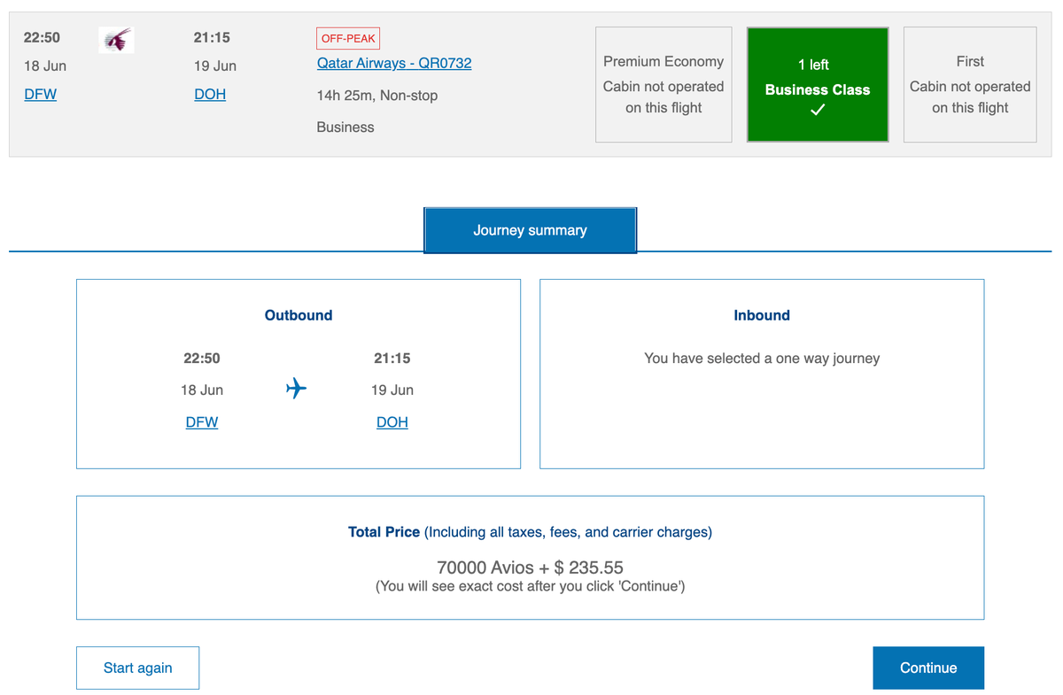 British Airways Avios DFW DOH Qsuite redemption