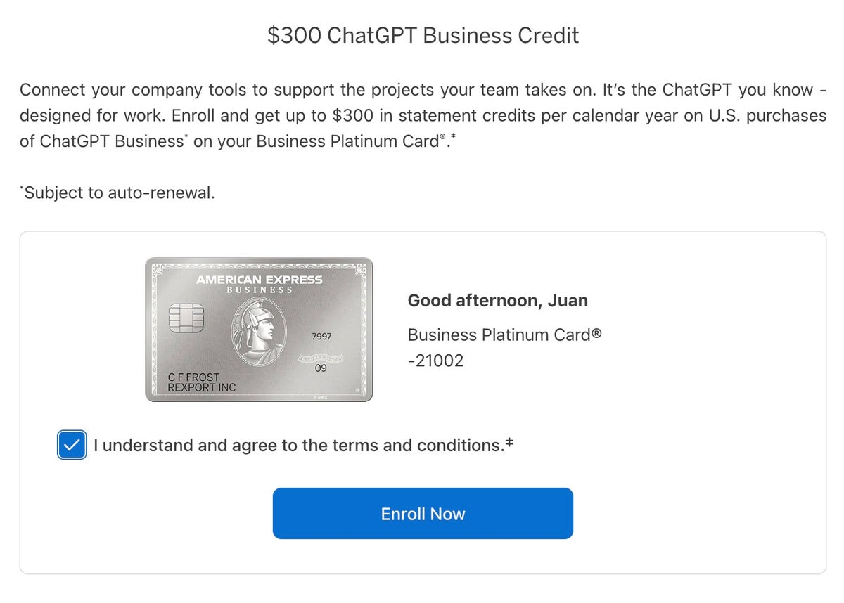 ChatGPT $300 Business Credit Enroll Page