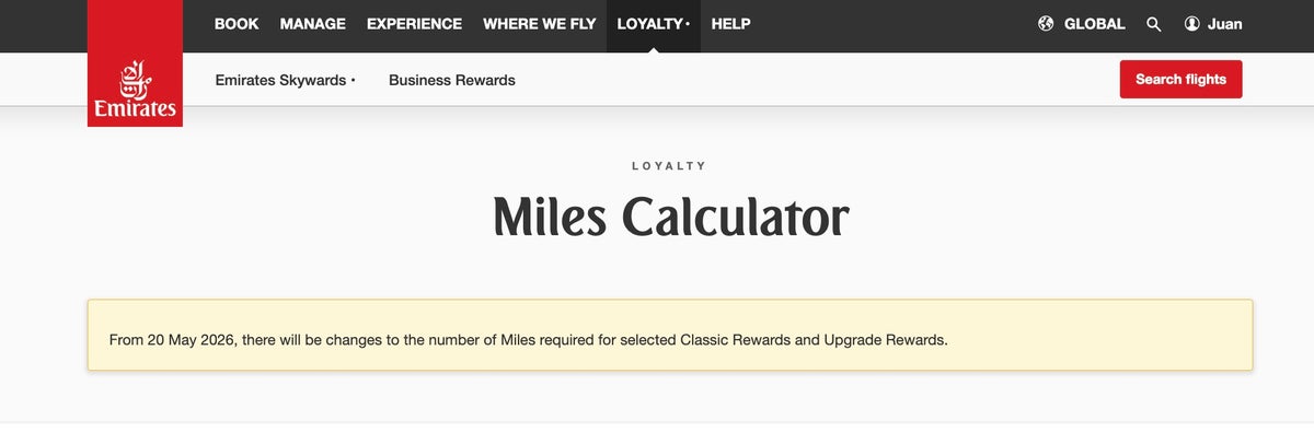 Emirates Classic Rewards and Upgrades Devaluation Notice