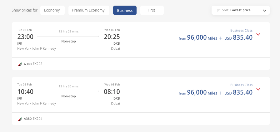 Emirates jfk dxb business class awards