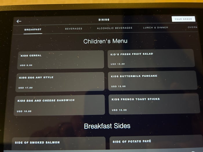 Four Seasons One Dalton Boston room 1502 room service kids menu