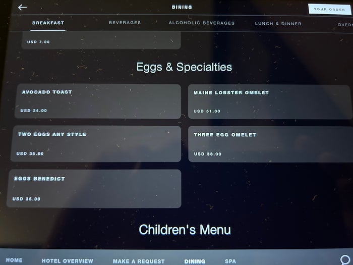 Four Seasons One Dalton Boston room service breakfast menu
