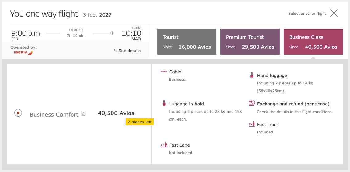 Iberia JFK MAD 40500 Avios business