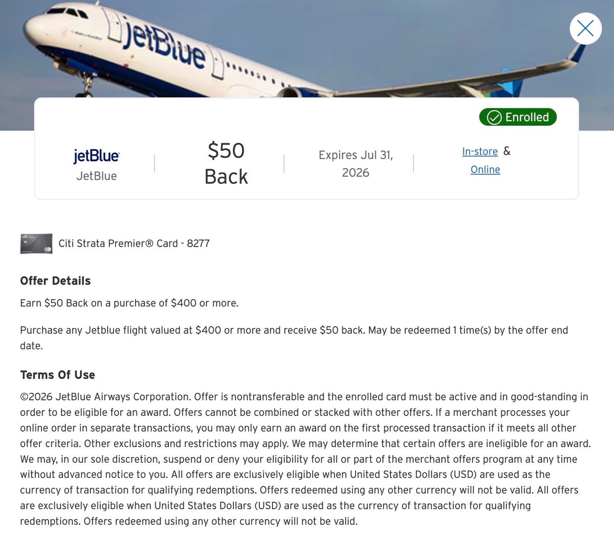 JetBlue Citi Merchant Offer