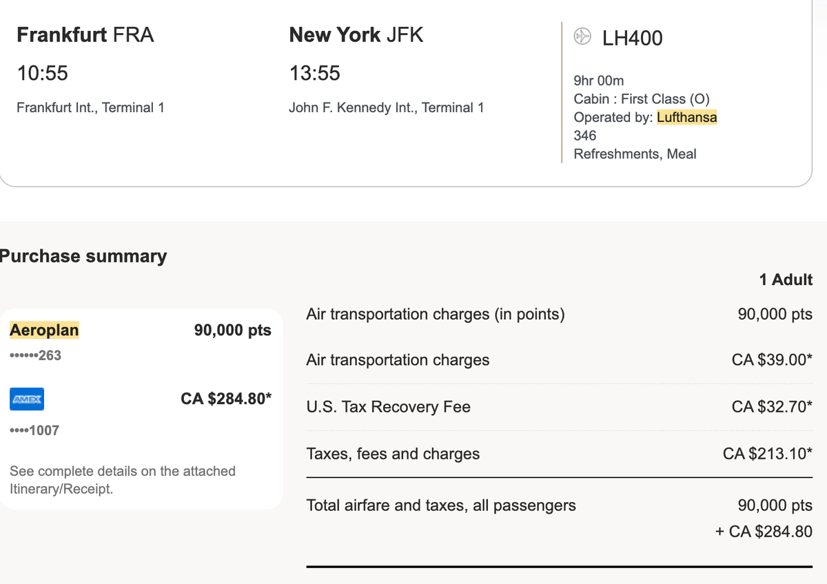 LH first class award 90k points Aeroplan