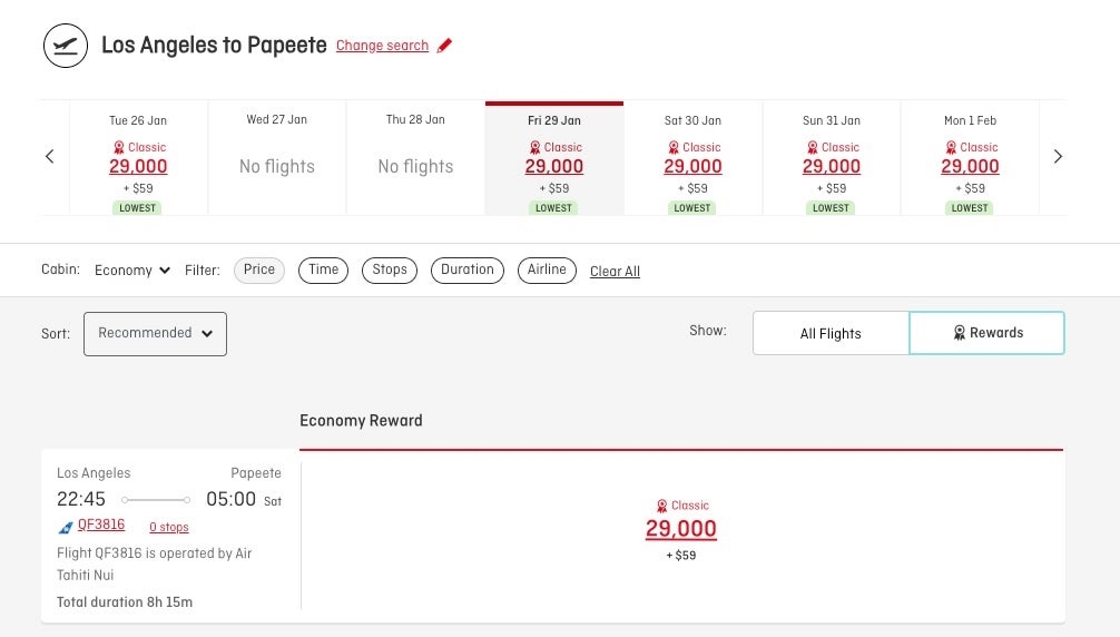 Qantas Air Tahiti Nut 29k Awards economy