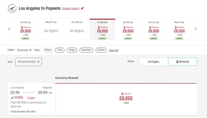 Qantas Air Tahiti Nut 29k Awards economy Qantas Air Tahiti Nut 29k Awards economy