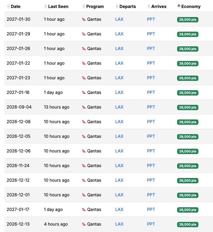 Qantas MaxMyPoint Tahiti Award Flights economy Qantas MaxMyPoint Tahiti Award Flights economy