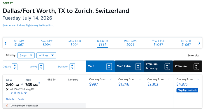 Screenshot 2026 05 14 at 10.00.56 AM AA DFW ZRH Business Class Pricing cash
