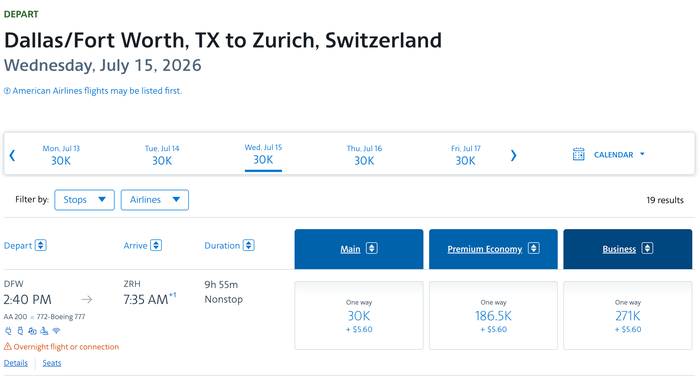 Screenshot 2026 05 14 at 10.02.36 AM AA DFW ZRH AAdvantage rates