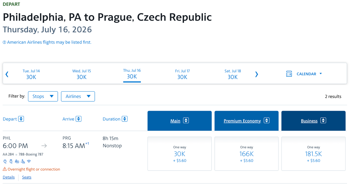 AA PHL PRG AAdvantage pricing