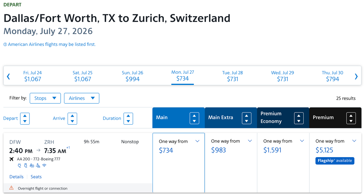 AA DFW ZRH economy cash