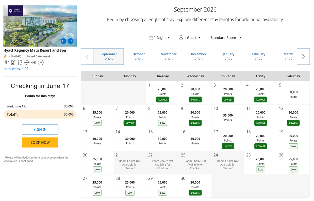 Hyatt Regency Maui Award Nights Sept 2026