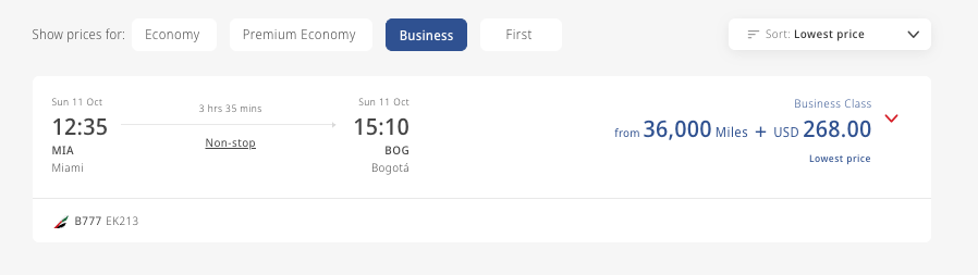 Emirates MIA BOG booking screenshot