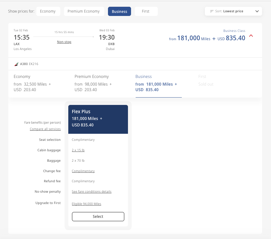 Emirates LAX DXB screenshot