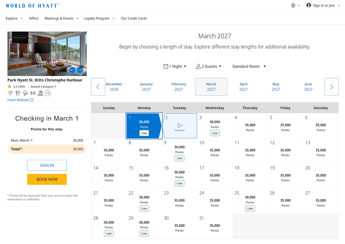 Screenshot 2026 05 29 at 3.51.53 PM Park Hyatt St Kitts March 2027 Award Availability
