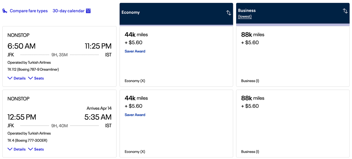 United award JFK IST Turkish Airlines