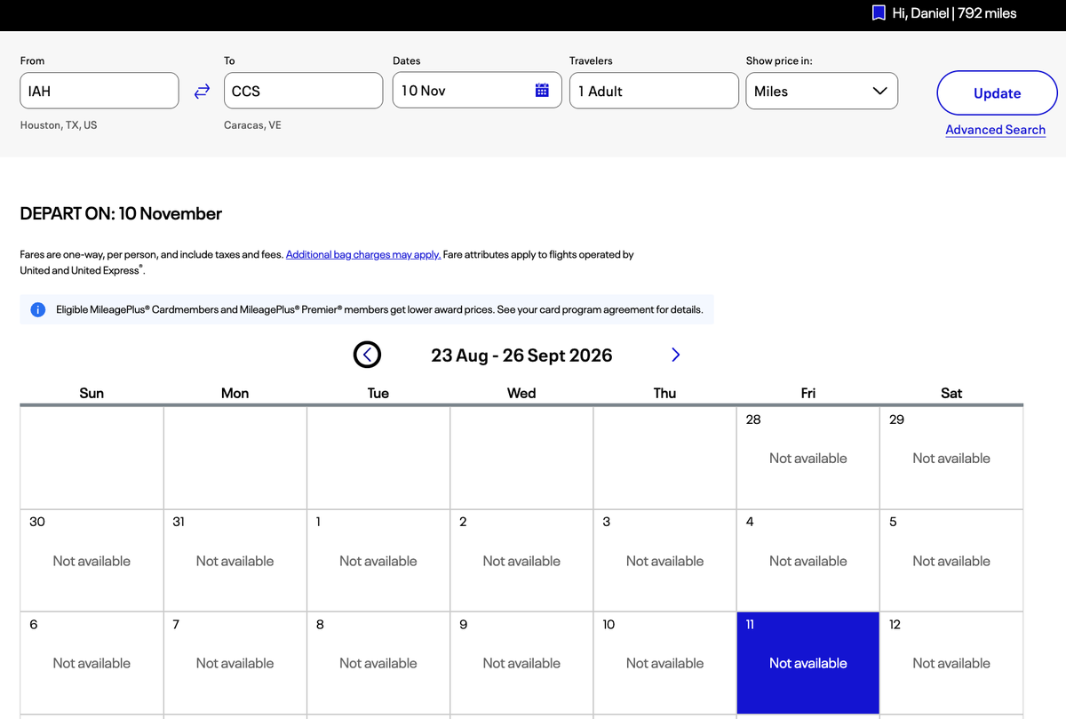 United award availability to Caracas