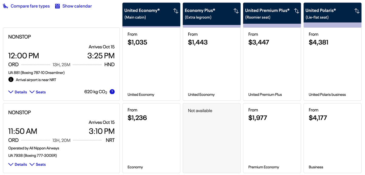 United pricing ORD HND new route
