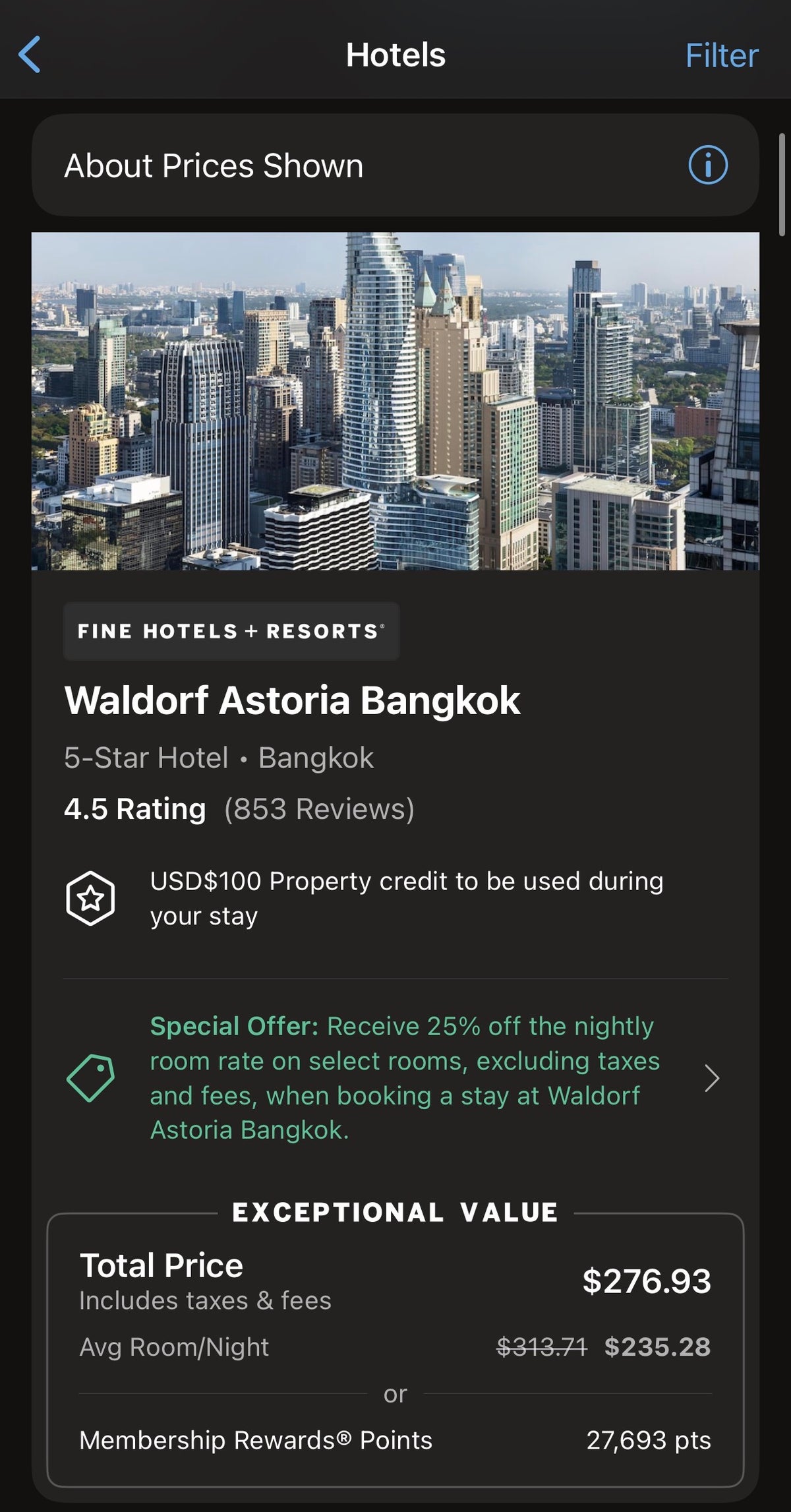 Waldorf Astoria Bangkok Amex Travel APP