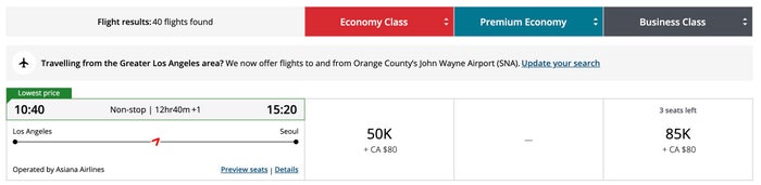 Aeroplan JFK ICN 75k business redemption Aeroplan LAX ICN