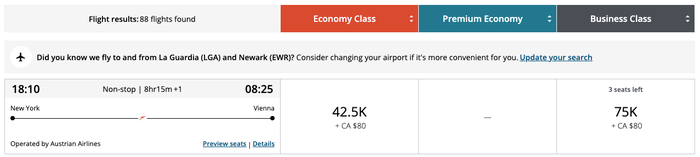 Aeroplan business redemption JFK VIE