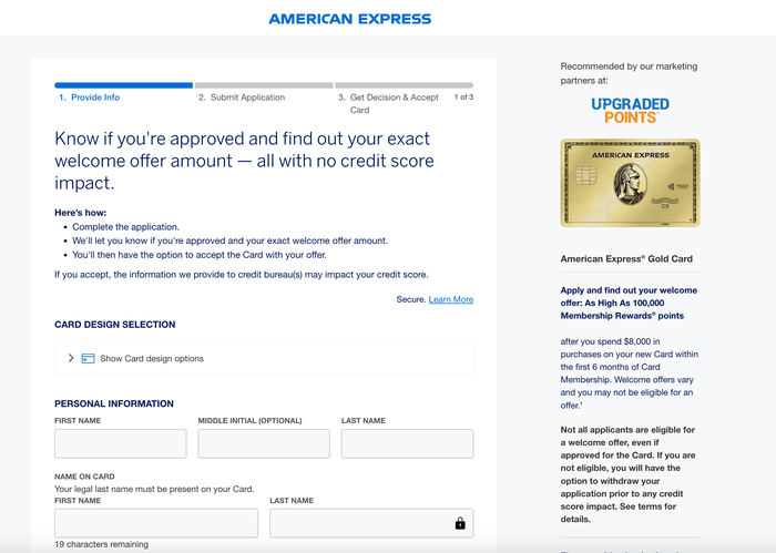 Amex Gold Application Page
