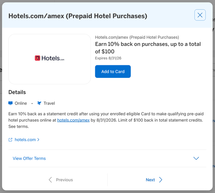 Amex Offer Hotels.com prepaid bookings