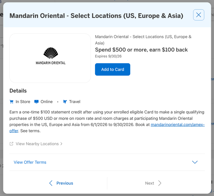 Amex Offer Mandarin Oriental June 2026