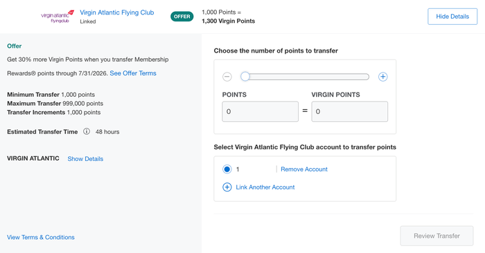 Amex Virgin Atlantic 30 transfer bonus July 2026