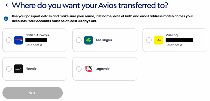 Avios transfer tool program options receive
