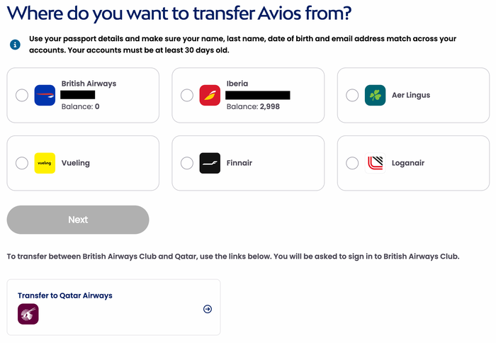 Avios transfer tool program options