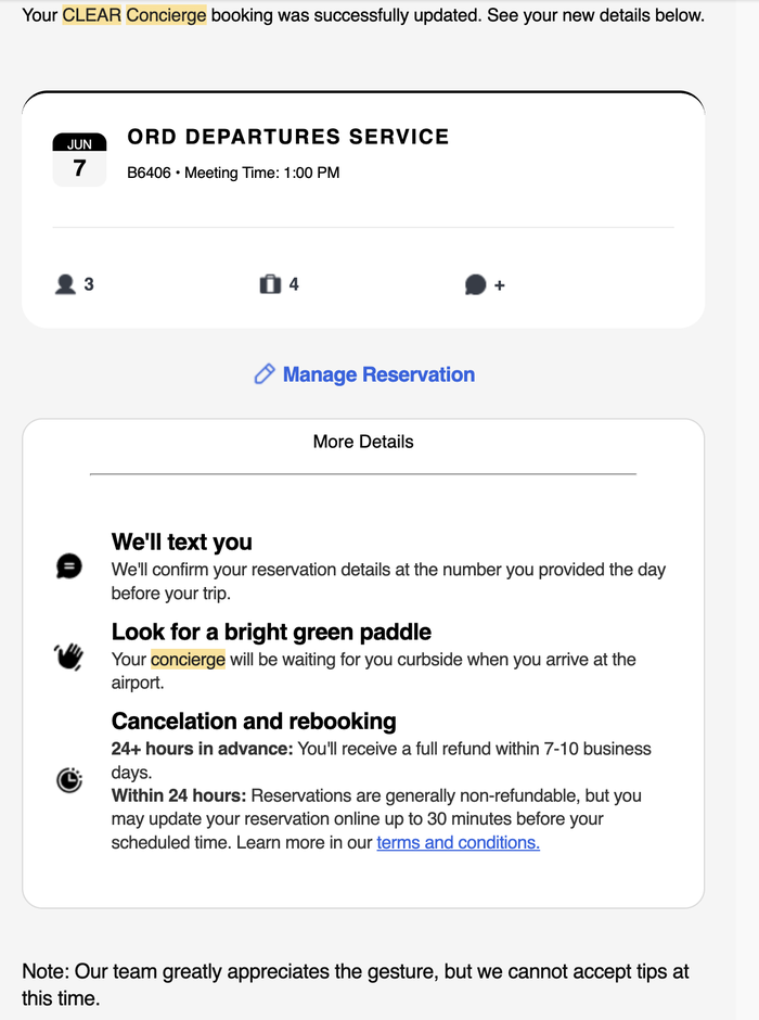 CLEAR Concierge confirmation email CLEAR Concierge confirmation email