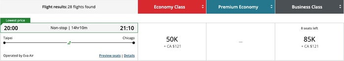 EVA Business Class Aeroplan