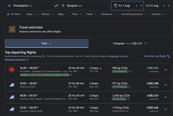 Flight prices from Philadelphia to Bangkok