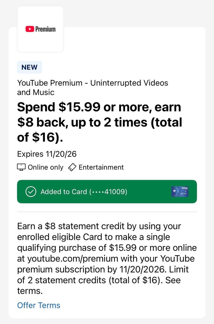 Amex Offer YouTube Premium