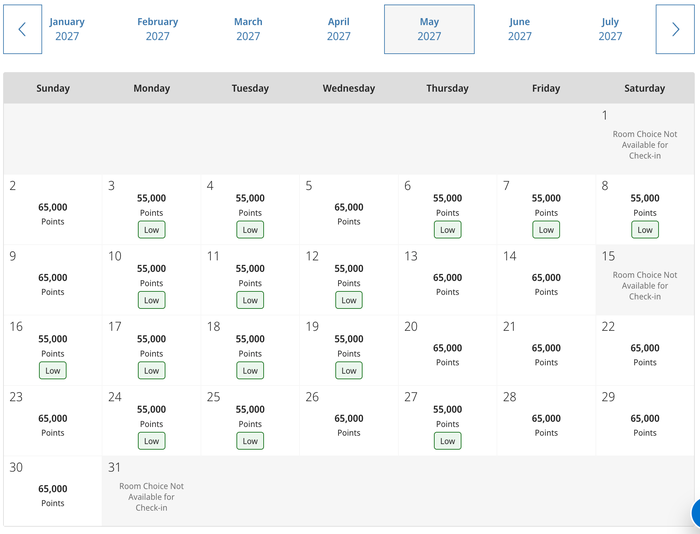 Park Hyatt all inclusive award calendar May 2027