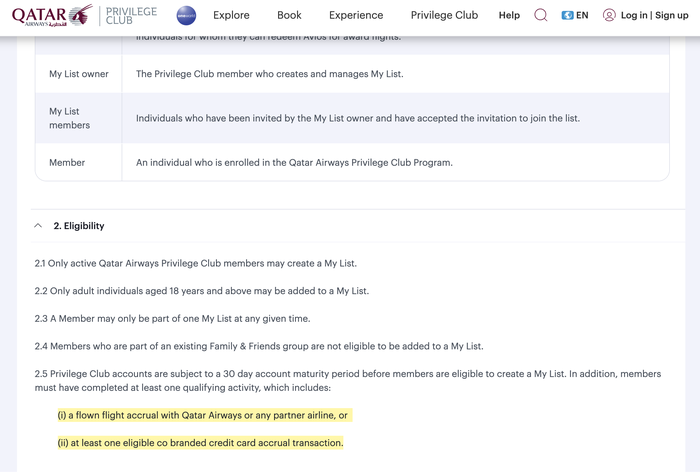 Qatar Airways Privilege Club My List rules Qatar Airways Privilege Club My List rules