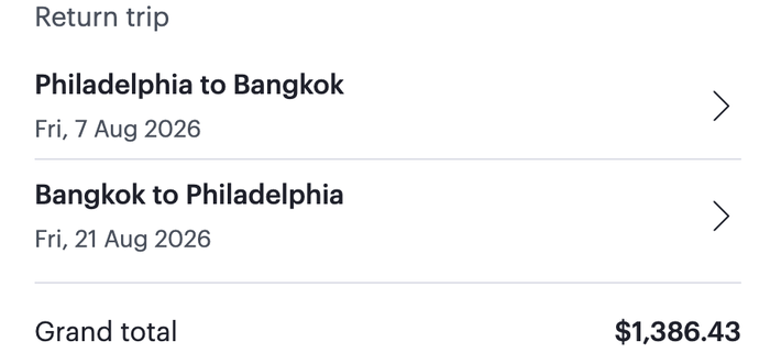 Qatar Airways economy flights from Philadelphia to Bangkok