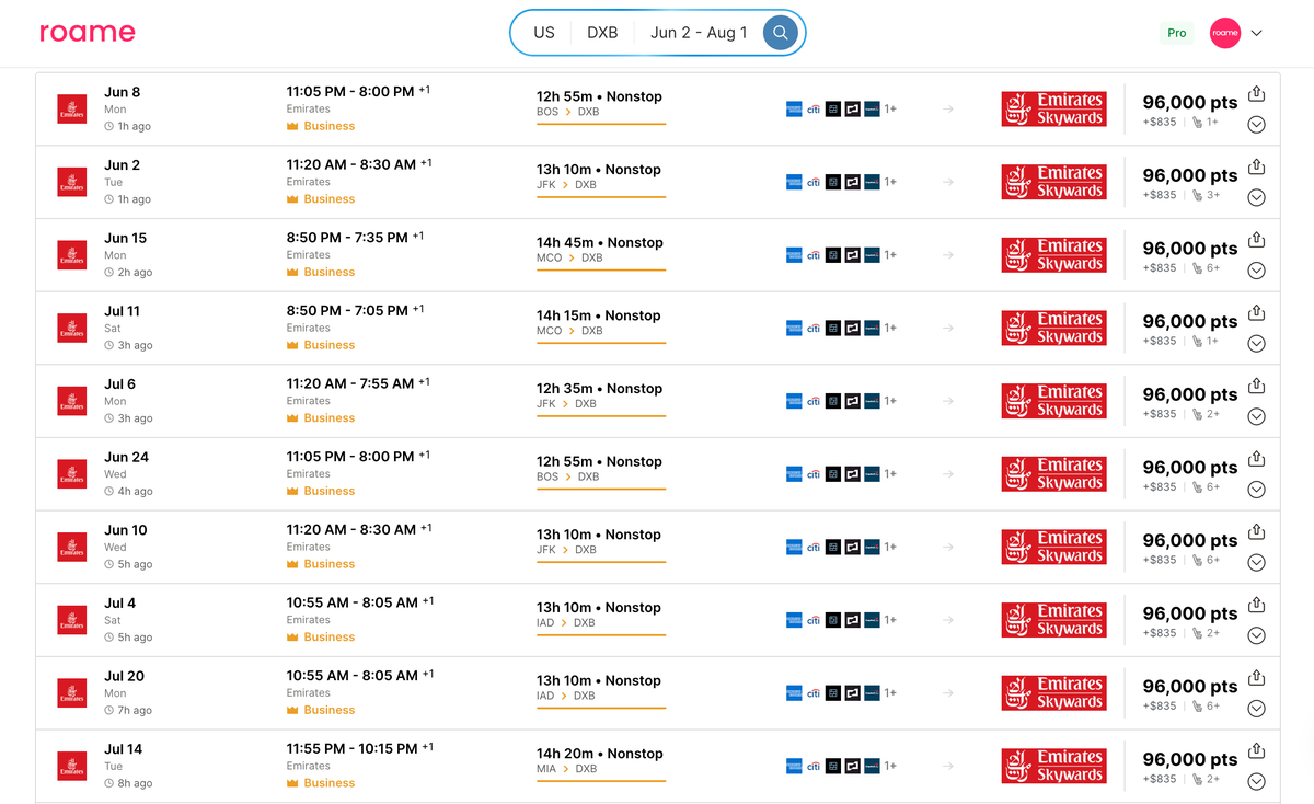Roame Emirates business class award availability Roame Emirates business class award availability
