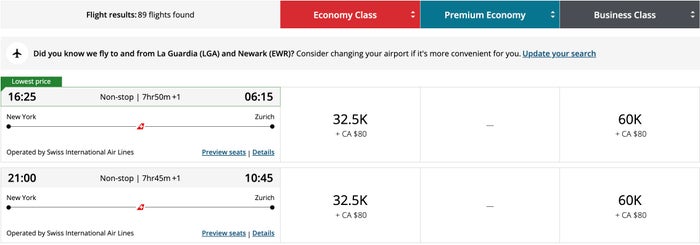 SWISS Aeroplan 60k Award