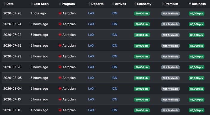 Seats.aero USA ICN availability Feb 2026 Seats Aero ICN LAX