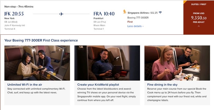Singapore Airlines First Class cash cost JFK FRA Singapore Airlines First Class cash cost JFK FRA