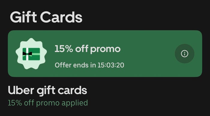 Uber 15% off gift card
