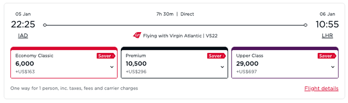 Virgin atlantic award pricing all cabins