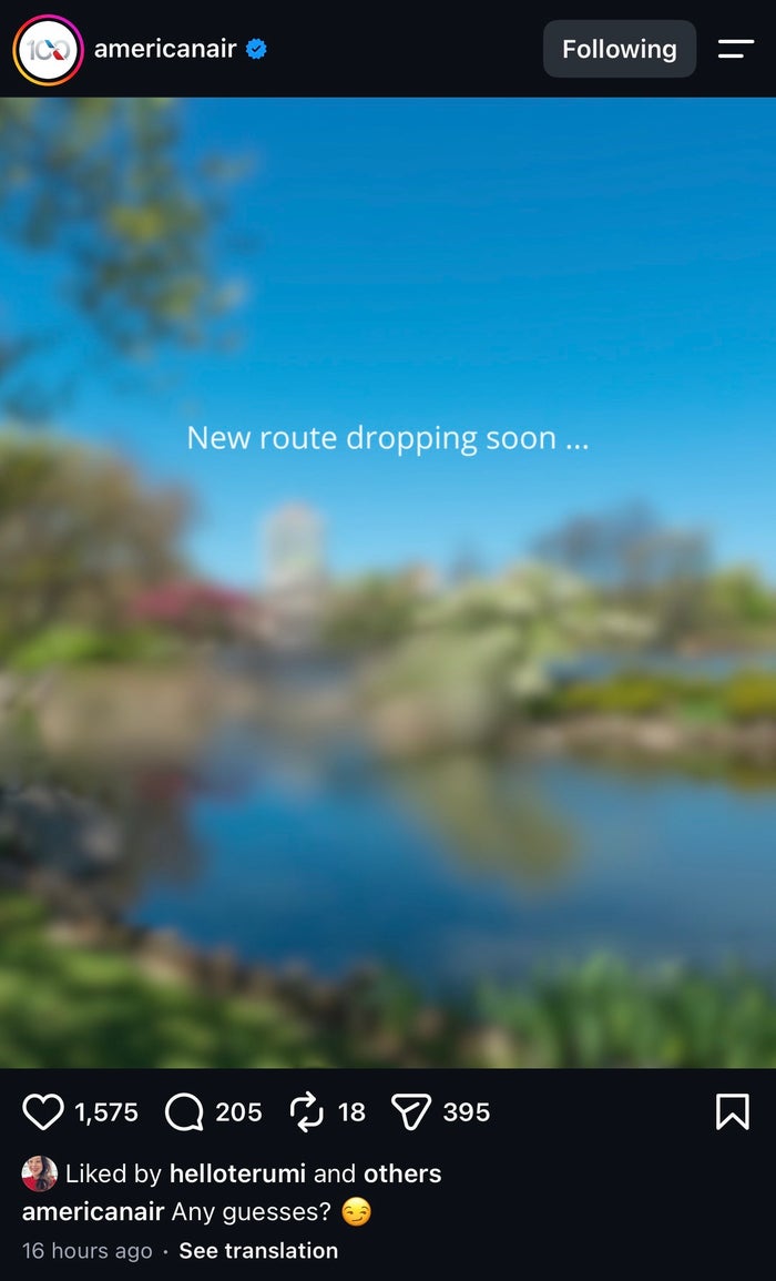 AA Instagram New Route announcement AA Instagram New Route announcement