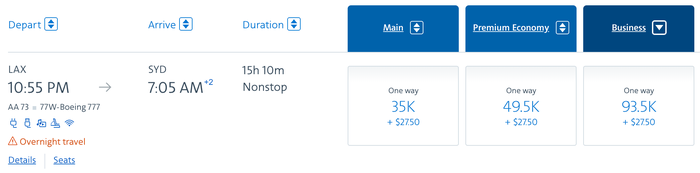AAdvantage redemption LAX SYD business 93.5k AAdvantage redemption LAX SYD business 93.5k